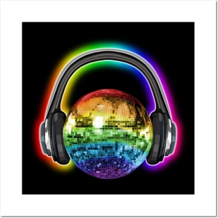 Glowing Rainbow Disco Ball Headphones Posters and Art